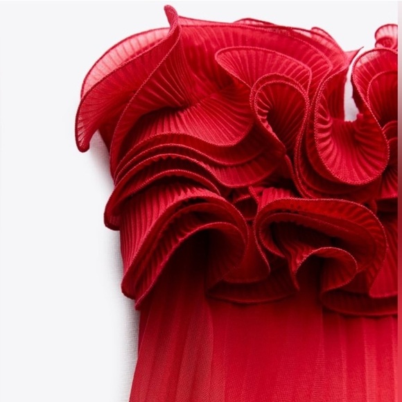 Zara Strapless Pleated Ruffle Mini Dress • Size S • Raspberry Red • NWT - Picture 7 of 16